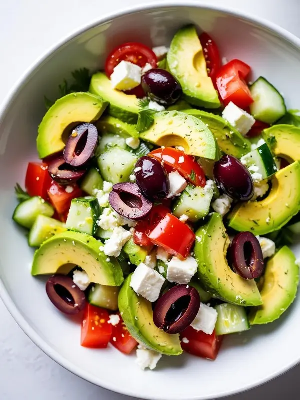 a vibrant avocado greek salad fills a white bowl, featuring creamy avocado slices, juicy red tomatoes, crisp cucumbers, salty kalamata olives, and crumbled white feta cheese, all lightly seasoned and ready to be enjoyed