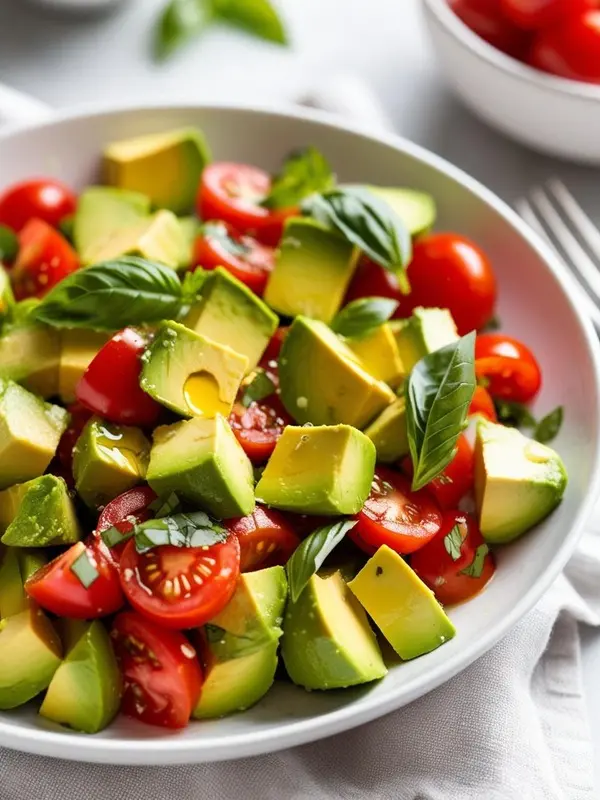 a white bowl is filled with a colorful avocado and tomato salad. chunks of creamy green avocado are mixed with juicy red cherry tomatoes and fresh basil leaves. the salad is lightly dressed, highlighting the vibrant colors and textures of the ingredients