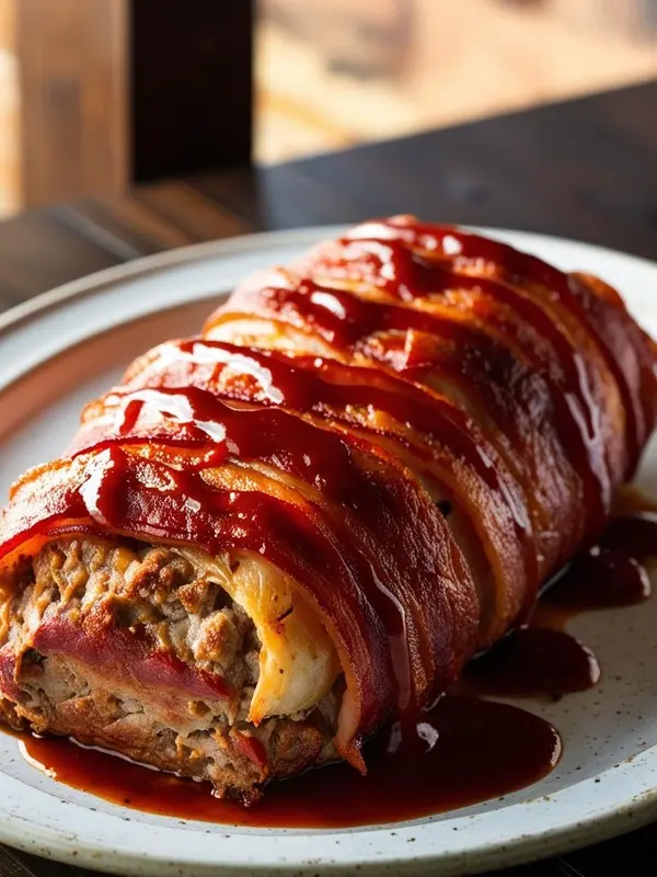 a bacon explosion, a log of sausage meat wrapped in bacon and glazed with a dark red sauce, sits on a white plate. the bacon is crispy and the glaze is glossy, creating a rich and savory dish. the focus is on the texture and presentation