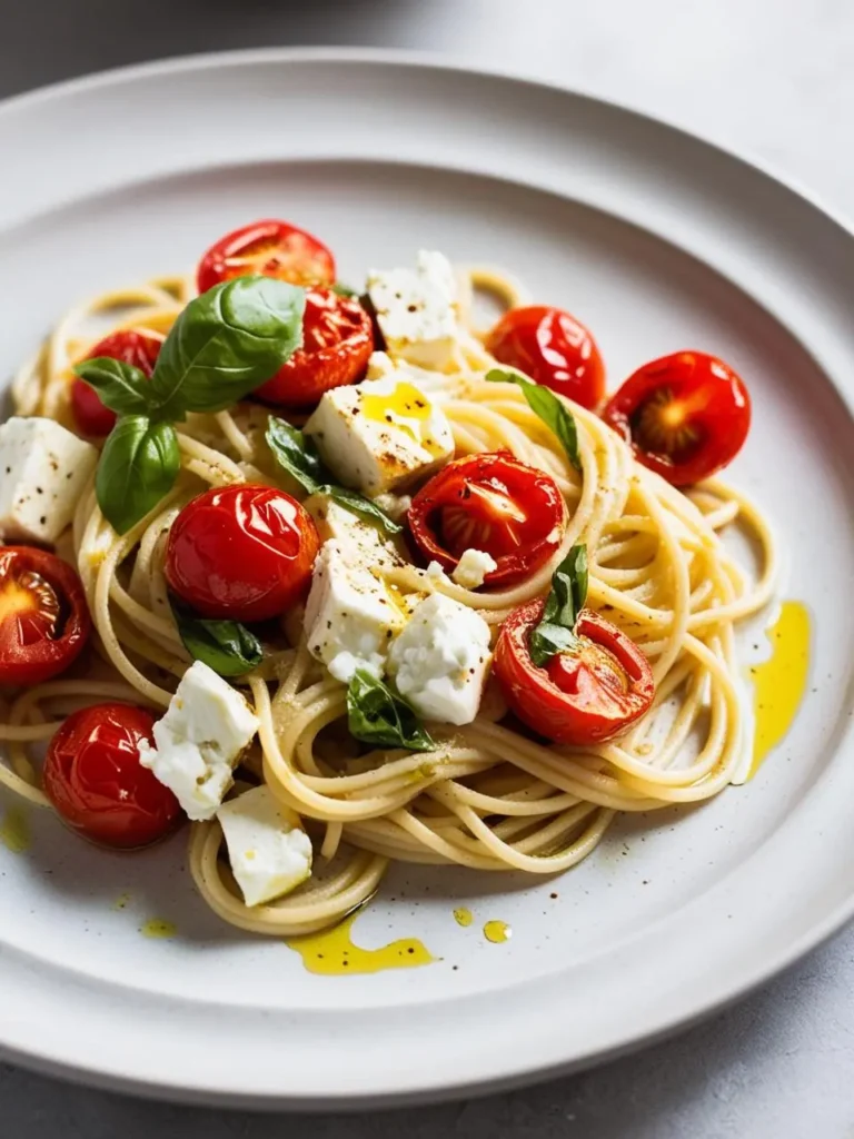 a close-up shot of caprese pasta on a light gray plate. thin spaghetti noodles are tossed with halved red cherry tomatoes and fresh mozzarella cubes, drizzled with olive oil and garnished with vibrant green basil leaves. the simple and colorful pasta dish sits on a light gray surface