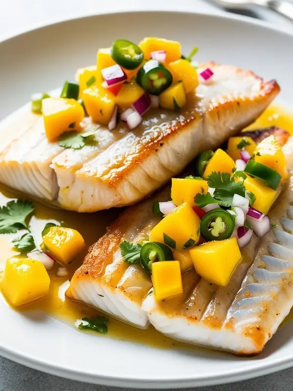 a close-up shot of grilled mahi-mahi with mango salsa on a white plate. two flaky white fish fillets are topped with a vibrant salsa made of diced yellow mangoes, red onions, green jalapeño slices, and fresh cilantro. the tropical and flavorful dish sits on a light gray surface