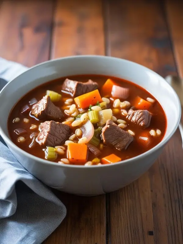 a close-up shot of a light gray bowl filled with beef barley soup. chunks of tender beef, diced orange carrots, chopped celery, and pearly barley are visible in a rich, reddish-brown broth. the hearty soup rests on a wooden surface with a light blue cloth napkin