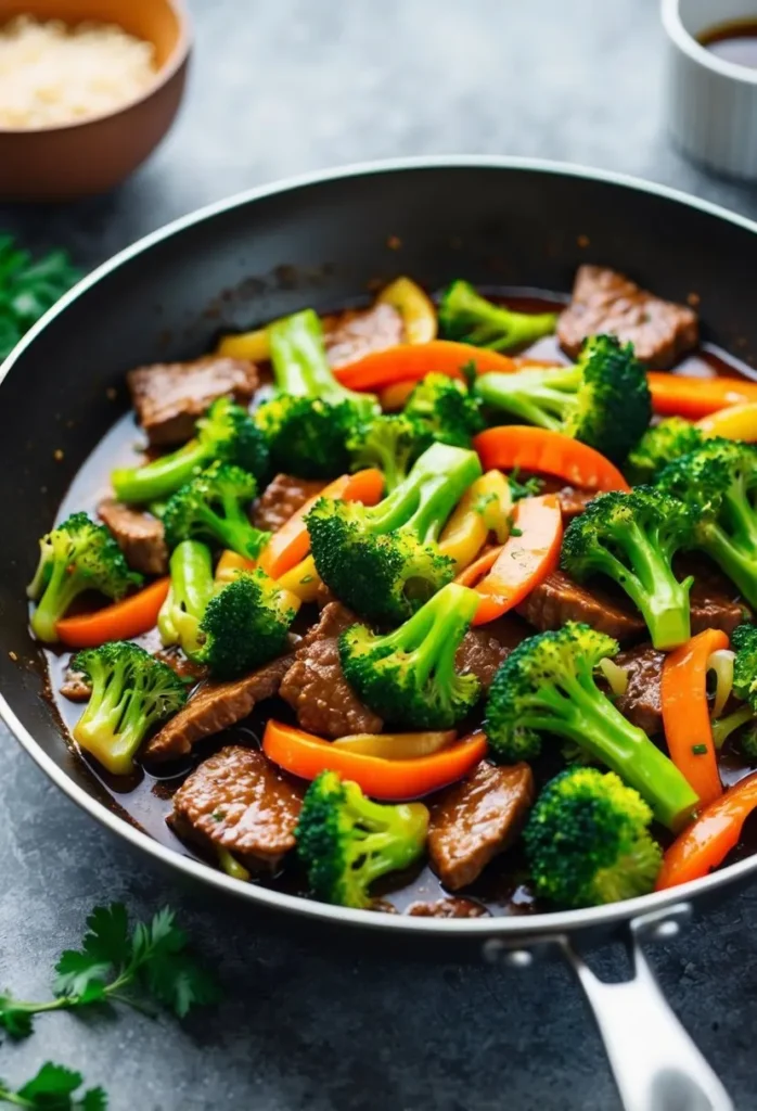 a close-up shot of beef and broccoli stir fry in a pan. the beef is cut into bite-sized pieces and is stir-fried with broccoli florets and sliced carrots. the dish is coated in a dark sauce and garnished with fresh parsley