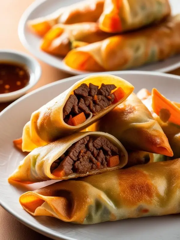 golden-brown lumpia, some whole and some cut open revealing a savory filling of ground meat and carrots, are piled on a white plate. a small bowl of dipping sauce sits to the left, and another plate of lumpia is visible in the blurred background