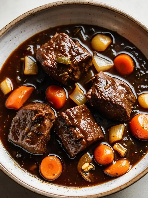 a close-up shot of beef bourguignon in a bowl. tender chunks of beef are surrounded by carrots and onions in a rich, dark brown sauce. the hearty and savory dish is presented in a white bowl, highlighting the textures and colors of the ingredients