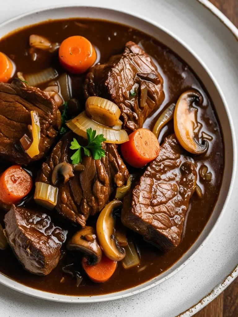 a close-up shot of beef bourguignon in a white bowl. tender chunks of beef are simmered in a rich, dark brown sauce with sliced carrots, onions, and mushrooms, garnished with fresh parsley. the hearty and flavorful french stew sits on a textured surface