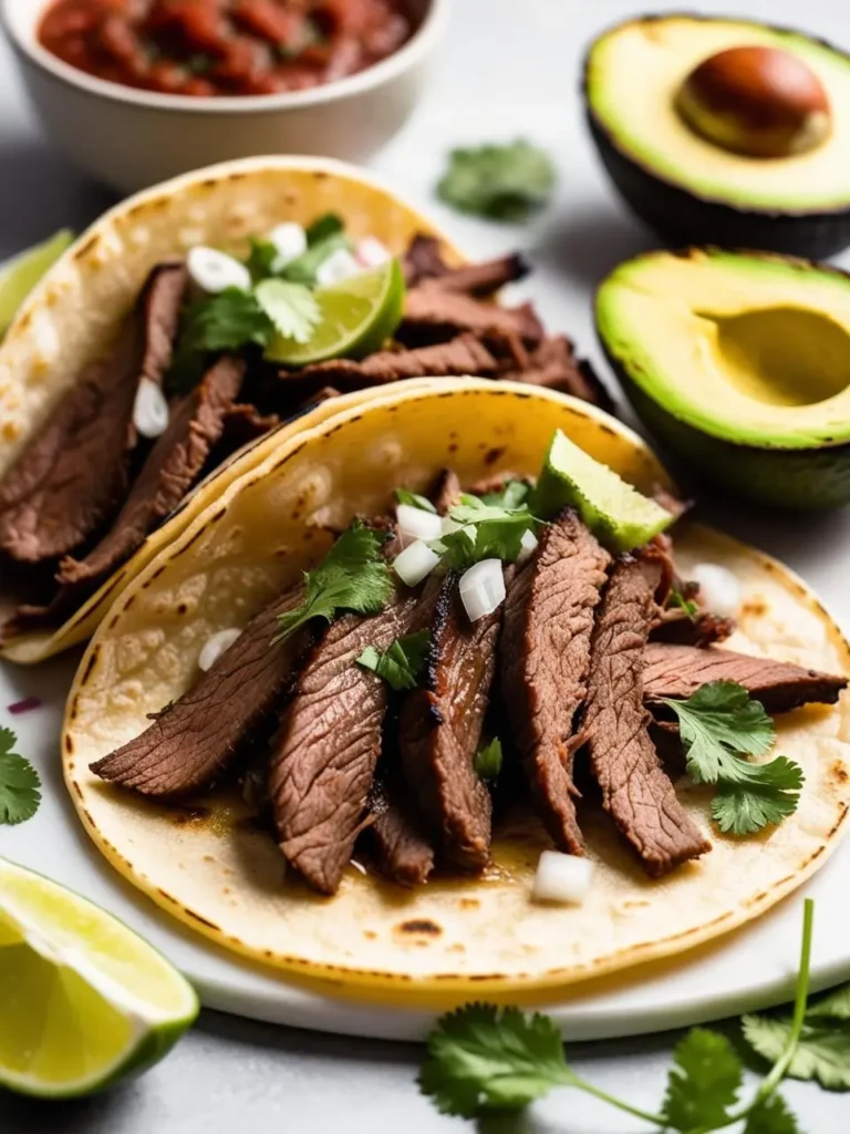 two beef tongue tacos are on a white plate, garnished with diced white onion, fresh cilantro, and lime wedges. sliced avocado and a bowl of red salsa are in the background. the close-up shot highlights the tender, thinly sliced meat in warm corn tortillas, suggesting a flavorful and authentic mexican dish