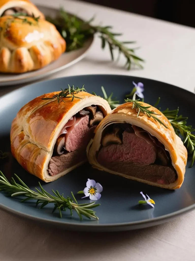 a close-up shot of a sliced beef wellington on a blue plate. the pastry is golden brown, revealing a pink beef tenderloin and a layer of mushrooms. fresh rosemary sprigs and small purple flowers garnish the plate, suggesting a savory and elegant dish