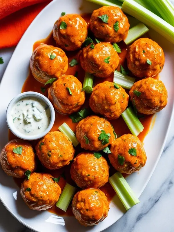 a close-up overhead shot of buffalo chicken meatballs on a white plate, surrounded by celery sticks and a small bowl of creamy dipping sauce. the meatballs are coated in a vibrant orange sauce and garnished with fresh parsley. the dish is presented on a marble surface