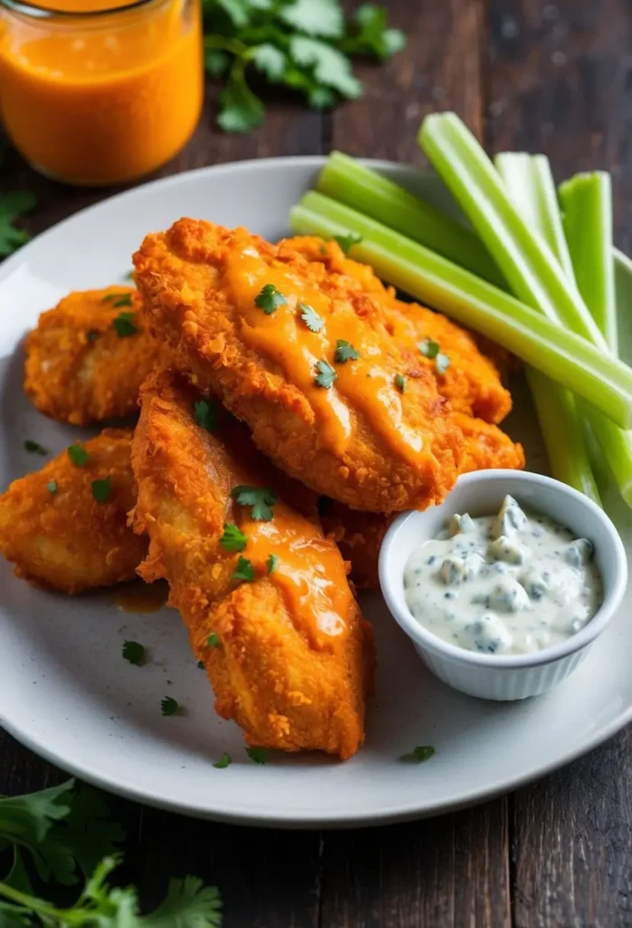 a close-up shot of golden-brown chicken tenders, coated in a vibrant orange sauce, possibly buffalo sauce. green celery sticks and a small bowl of creamy dip accompany the chicken on a light gray plate, set against a dark wooden background. the dish appears crispy and flavorful