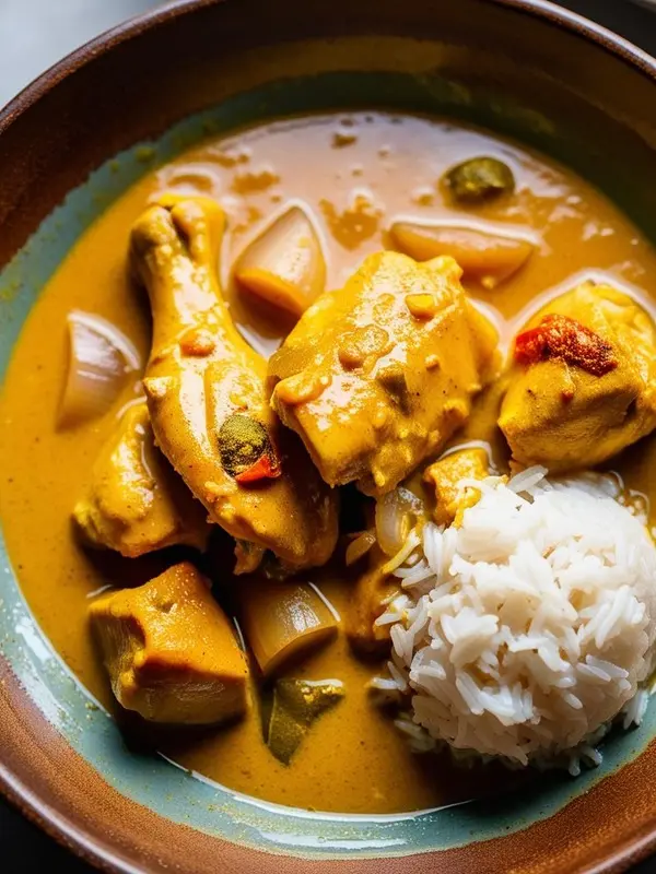 a rustic bowl contains a creamy, golden-yellow chicken curry with visible pieces of chicken, potatoes, and onions, served with a mound of fluffy white rice. the dish appears rich and aromatic, with a slightly spicy topping on one of the chicken pieces