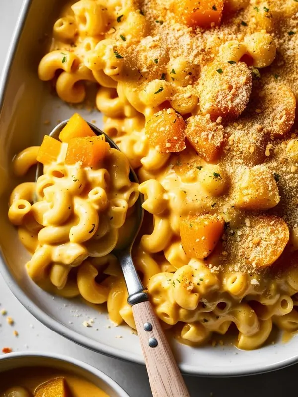 a close-up overhead shot of macaroni and cheese with roasted butternut squash. the creamy, golden pasta is topped with chunks of vibrant orange squash and a sprinkle of breadcrumbs. the dish is presented in a white oval dish, with a spoon lifting a portion