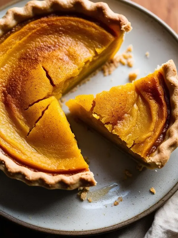 a close-up overhead shot of a partially sliced pumpkin pie on a speckled gray plate. the golden-brown pie has a flaky crust and a smooth, vibrant orange filling with a few cracks on the surface. a slice has been removed and sits slightly apart, showcasing the pie's texture