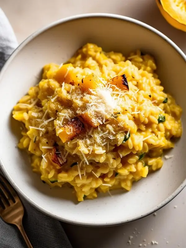 a close-up overhead shot of butternut squash risotto in a light beige bowl. the creamy, golden-yellow risotto is studded with cubes of roasted butternut squash and sprinkled with grated parmesan cheese and fresh herbs. a fork rests on the side of the bowl, which sits on a light gray surface