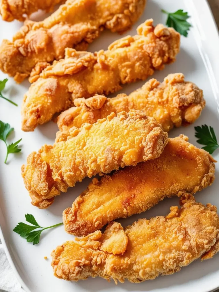 a close-up overhead shot of crispy fried chicken tenders on a white rectangular plate. several golden-brown, battered chicken tenders are arranged on the plate and garnished with fresh green parsley leaves. the crunchy texture of the fried chicken is clearly visible, suggesting a delicious and satisfying meal