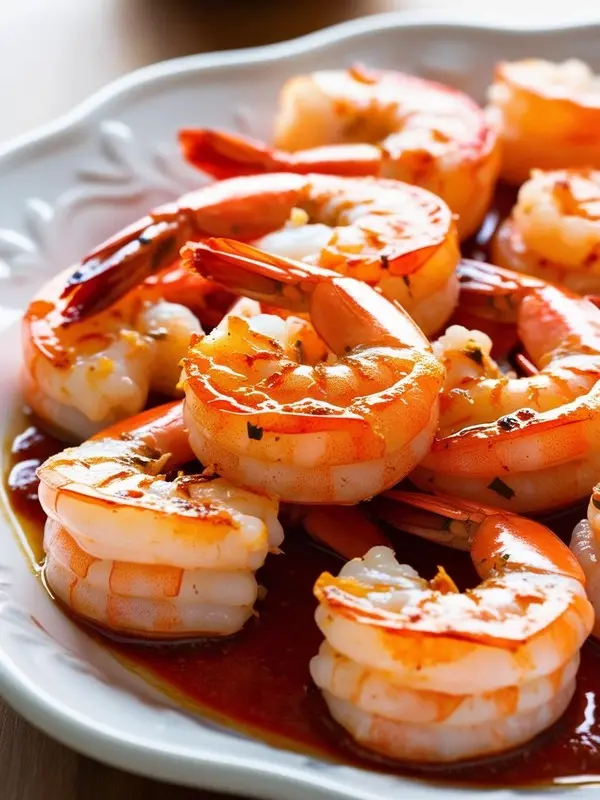 a plate of plump, pink baked shrimp, glistening in a light sauce, is sprinkled with chopped green onion. the shrimp appear tender and juicy, suggesting a flavorful and appetizing seafood dish. the focus is on the abundance and freshness of the shrimp