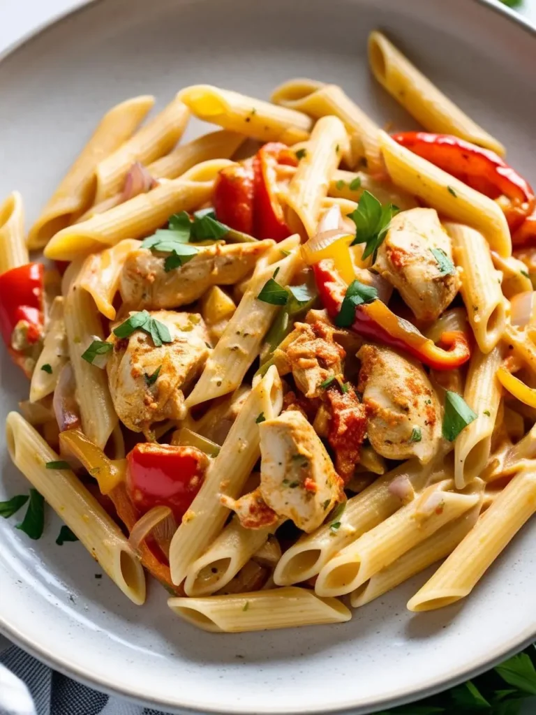 a close-up shot of creamy chicken pasta on a gray plate. penne pasta is mixed with pieces of chicken, red and yellow bell peppers, and red onions, garnished with fresh parsley. the flavorful pasta dish sits on a light gray surface