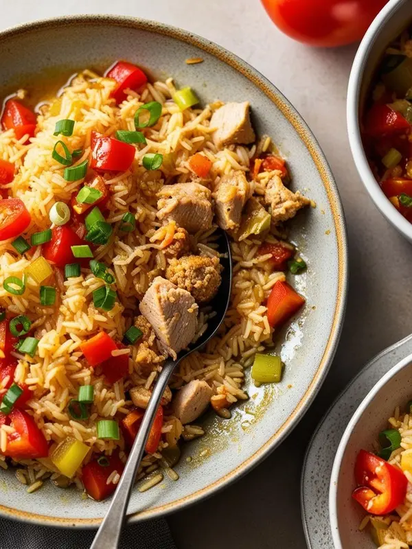 a close-up shot of a bowl filled with rice, chunks of chicken, diced red bell peppers, and green onions. the savory cajun dish is presented in a gray bowl. a spoon is visible, suggesting the dish is ready to be enjoyed