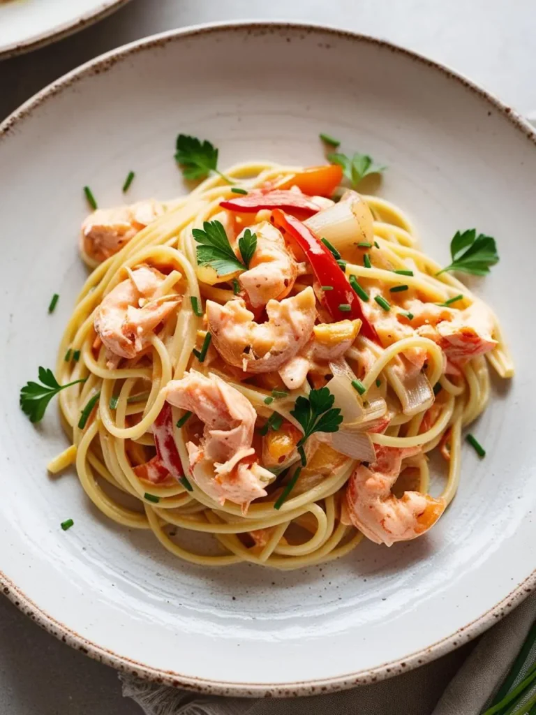 a close-up shot of long strands of pasta mixed with pieces of lobster, red bell peppers, and onions in a creamy sauce, garnished with fresh parsley. the flavorful seafood pasta dish is presented on a white plate