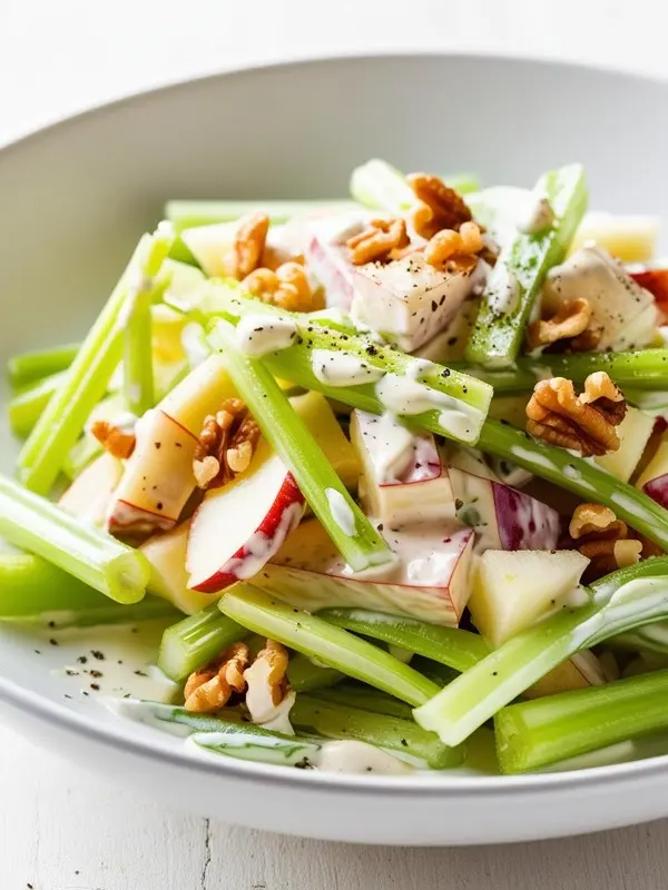 a white bowl features a vibrant salad of crisp green celery sticks, chunks of red and green apples, and creamy white dressing, garnished with chopped walnuts. the ingredients are tossed together, creating a refreshing and colorful dish