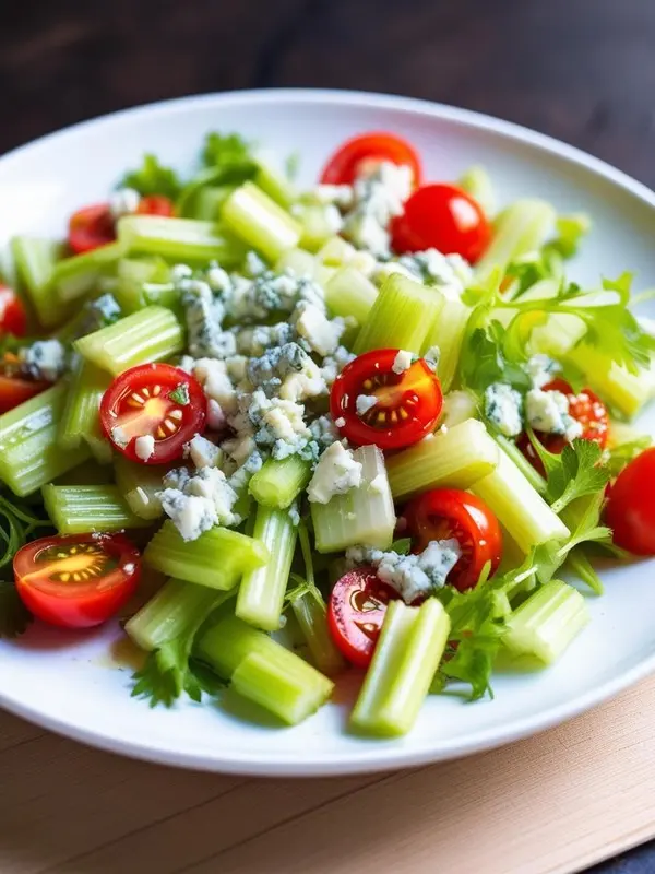 a white plate displays a celery and blue cheese salad. crisp green celery sticks are mixed with creamy blue cheese crumbles, bright red cherry tomato halves, and fresh green parsley leaves. the salad is lightly dressed and presented against a dark background