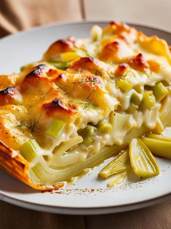 a close-up shows a creamy gratin, likely celery and fennel, with a golden-brown top. the dish is served on a white plate, with visible layers of tender vegetables and a rich, cheesy sauce. a few pieces of fennel are arranged alongside the gratin