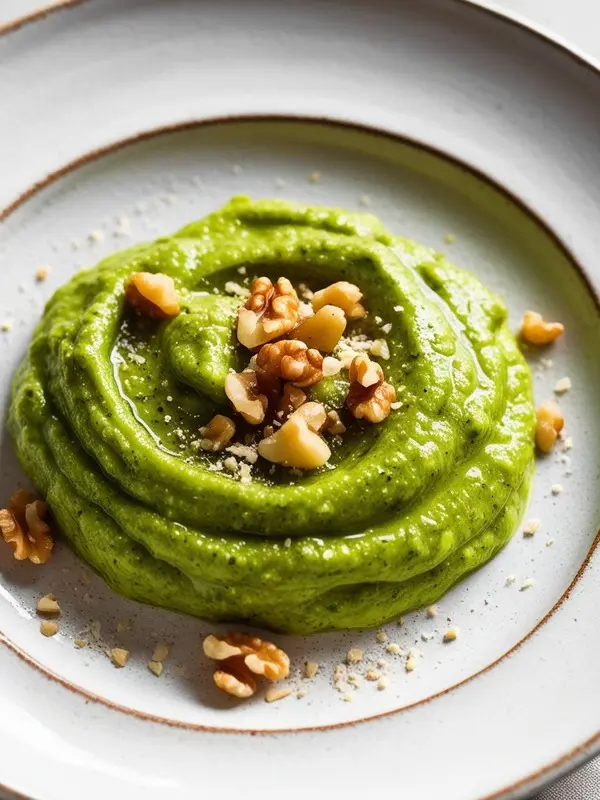 a vibrant green pesto, possibly spinach and macadamia nut, is swirled on a white plate and topped with chopped walnuts. a drizzle of oil glistens on the surface. the pesto has a slightly textured appearance. the plate is set against a blurred background