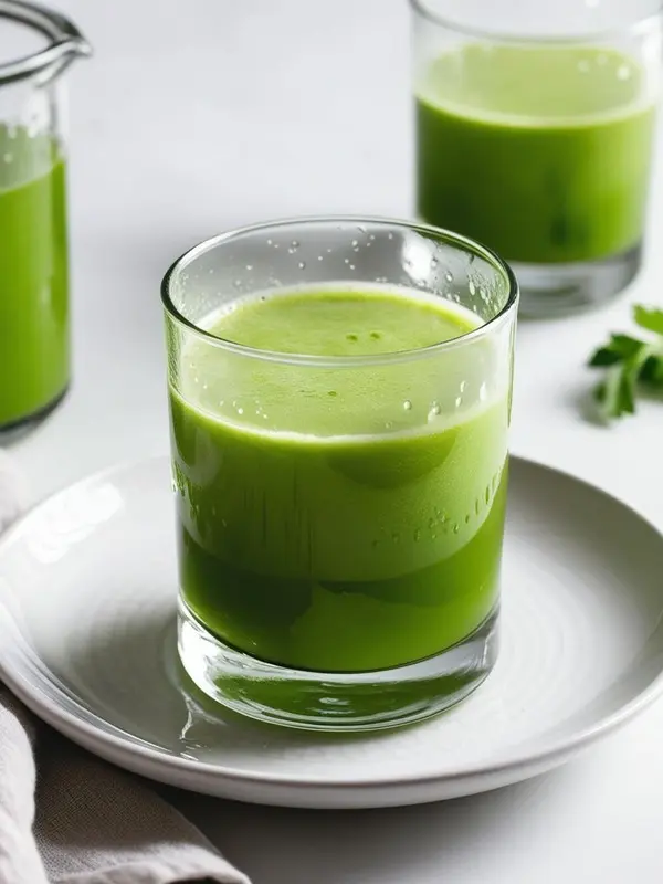 a glass of vibrant green celery juice sits on a white plate, with another glass and a pitcher of the same juice visible in the background. some fresh parsley leaves are placed to the side. the scene is brightly lit and suggests a healthy beverage