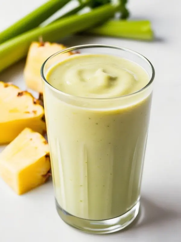 a tall glass holds a creamy, pale green smoothie, possibly avocado pineapple or a green-a-colada. chunks of fresh yellow pineapple and bright green celery stalks surround the glass on a light surface, suggesting the smoothie's refreshing and healthy ingredients