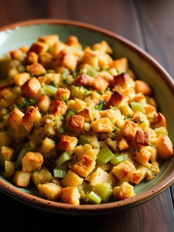a green bowl is filled with thanksgiving stuffing, topped with golden-brown bread cubes, chopped celery, and fresh parsley. the stuffing appears moist and flavorful, set against a dark wooden background