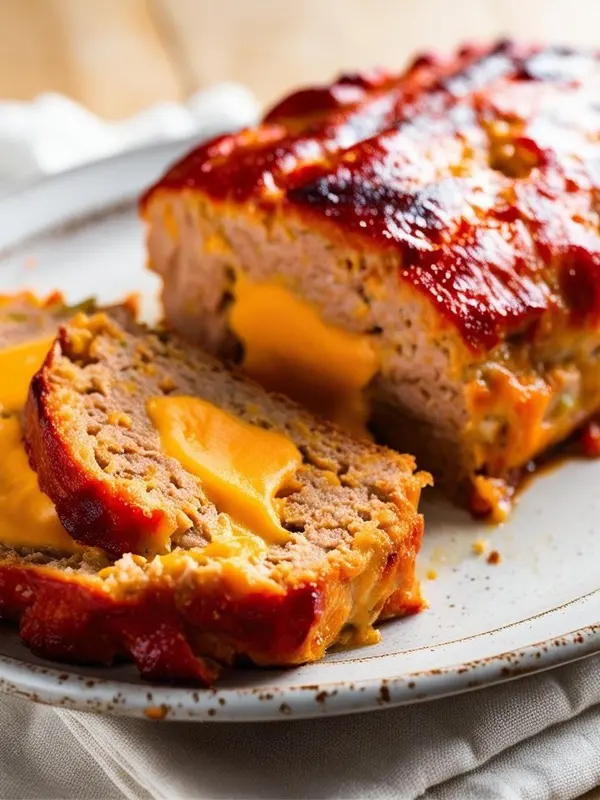a sliced meatloaf with a shiny red-brown glaze rests on a white plate. melted yellow cheese oozes from the center of the slices, adding a gooey texture. the meatloaf appears moist and savory, sitting on a white cloth napkin