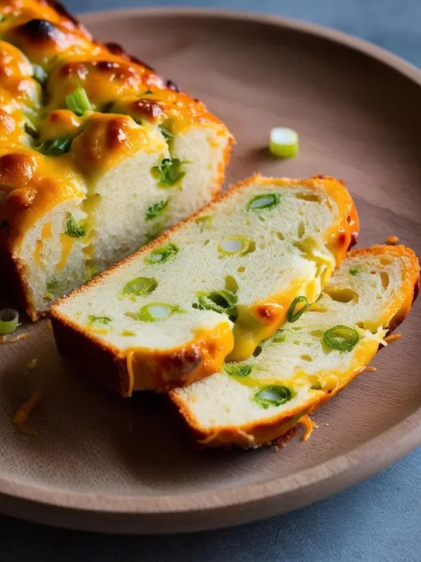 a partially sliced loaf of cheesy garlic bread, studded with green onions and melted cheddar, rests on a round wooden board. the bread has a golden-brown crust and a soft, airy interior with visible pockets of melted cheese and green onion pieces throughout