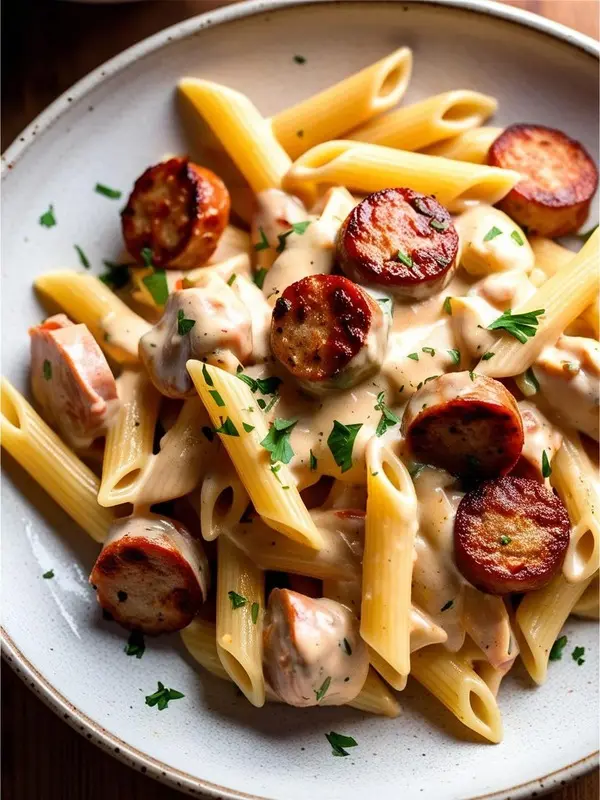 a creamy kielbasa pasta dish fills a white bowl, featuring penne pasta coated in a light-colored sauce and topped with slices of browned kielbasa sausage and fresh parsley. the dish appears rich and savory, presented in a close-up shot