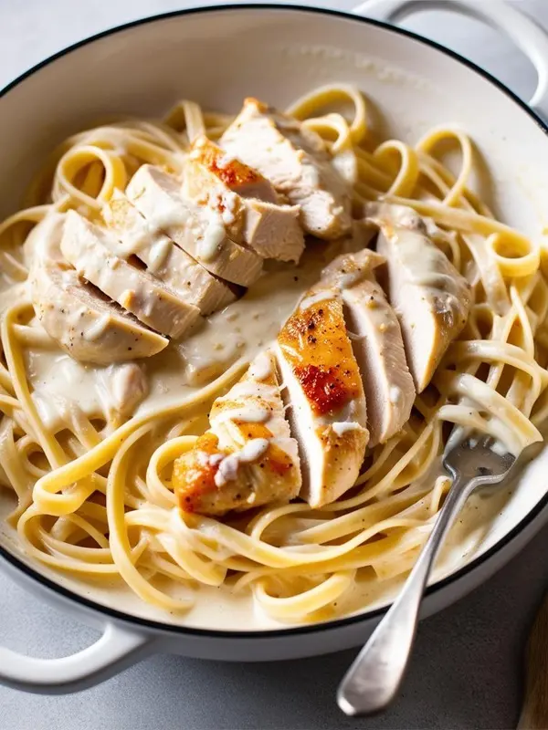 a close-up overhead shot of chicken alfredo in a white pot. creamy white sauce coats fettuccine pasta and slices of golden-brown grilled chicken breast. a silver fork rests in the pasta. the rich and comforting italian-american dish is ready to be served