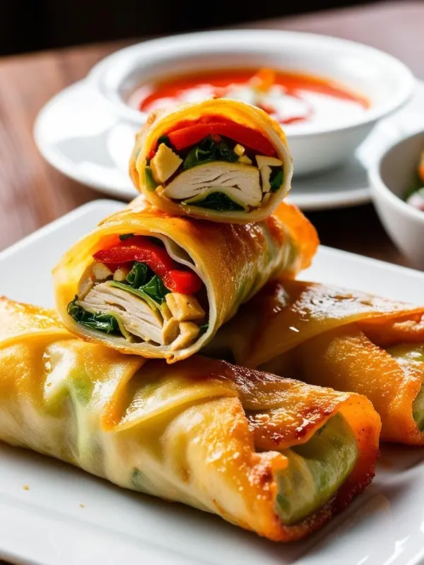 crispy golden-brown spring rolls, one cut open to reveal chicken, red pepper, and greens, are stacked on a white rectangular plate. a bowl of vibrant orange soup sits in the blurred background, suggesting a complete and appetizing meal