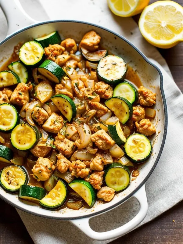 a close-up overhead shot of chicken and zucchini stir-fry in a white skillet. pieces of browned chicken are mixed with sautéed zucchini slices and onions, seasoned with herbs. lemon halves sit beside the skillet on a white cloth, suggesting a fresh and light meal