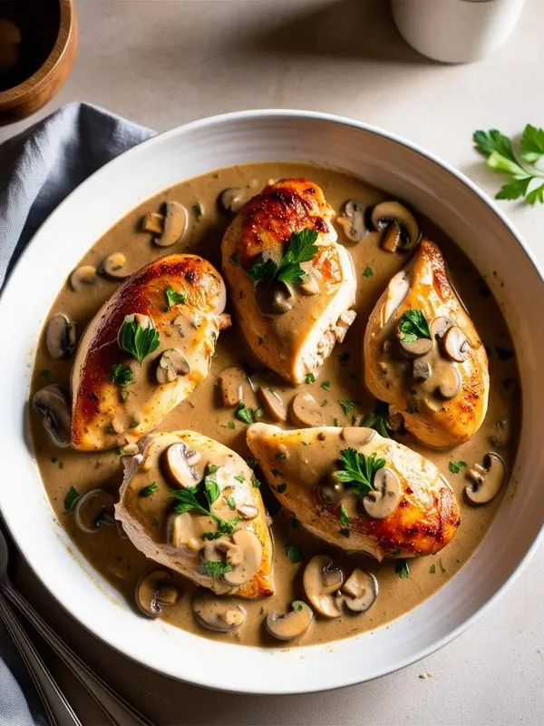 a close-up overhead shot of chicken marsala in a white bowl. five golden-brown chicken breasts are arranged in a rich, creamy mushroom sauce, garnished with fresh parsley sprigs. the savory italian dish is presented on a light gray surface with a folded gray napkin