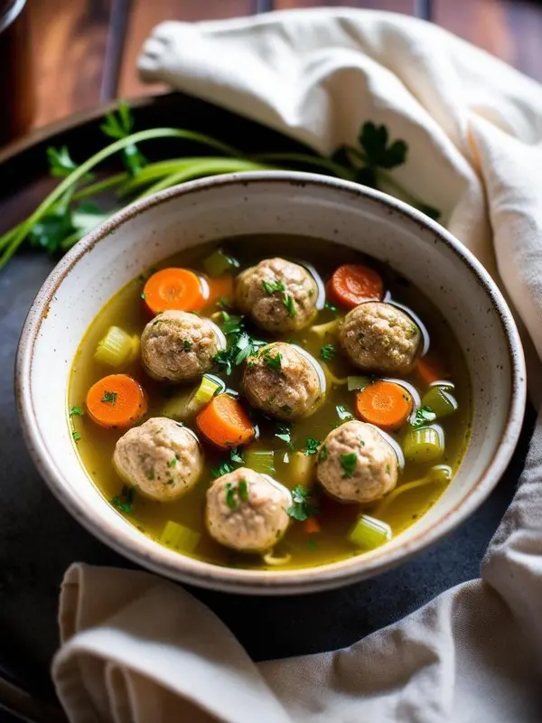 a close-up overhead shot of a comforting bowl of meatball soup. several light-colored meatballs float in a clear broth with sliced orange carrots and green celery pieces, garnished with fresh parsley. the soup is served in a rustic white bowl on a dark surface with a white cloth