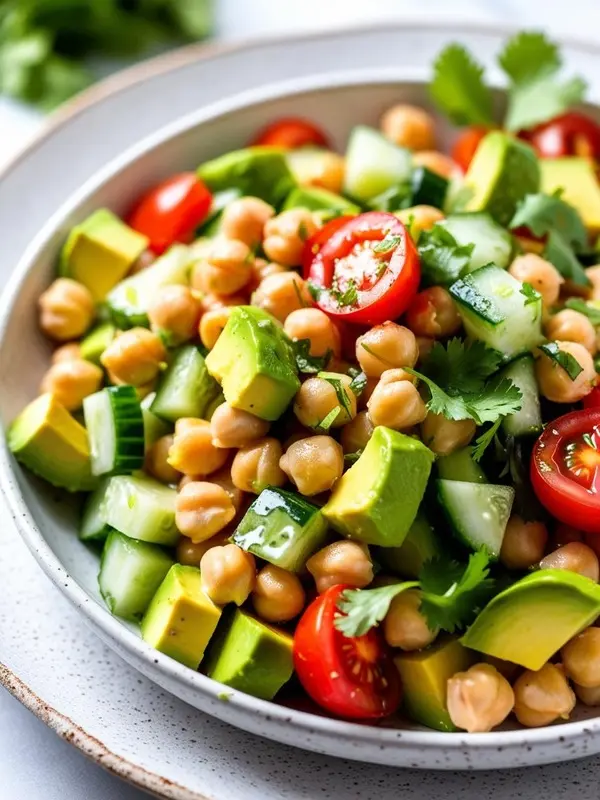 a white bowl is filled with a vibrant chickpea avocado salad, featuring golden chickpeas, creamy avocado cubes, halved red cherry tomatoes, and sliced cucumbers. fresh cilantro sprigs add a touch of green to this colorful and healthy dish