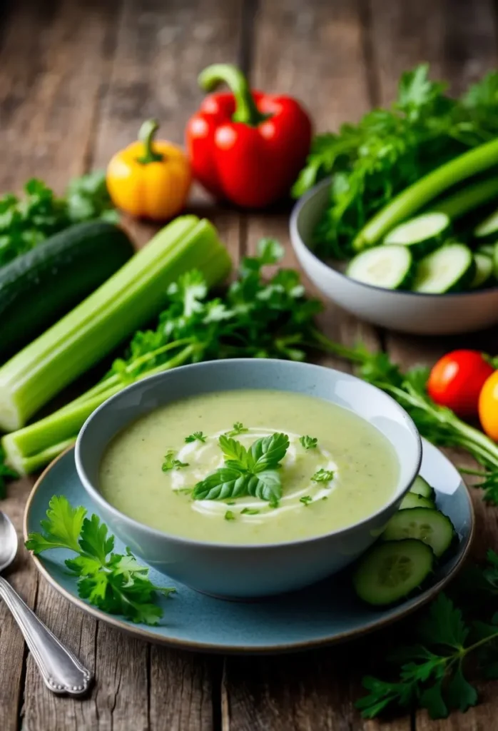 a bowl of smooth, pale green cream of celery soup is garnished with a sprig of fresh parsley and a sprinkle of black pepper. the soup sits on a blue plate, and sliced cucumbers are arranged around the bowl