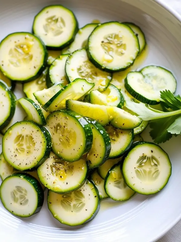 a close-up shot of a white plate filled with sliced cucumbers and zucchini, garnished with fresh green dill. the slices are arranged in a pile, showcasing their textures. the simple and refreshing salad is well-lit, highlighting the vibrant colors