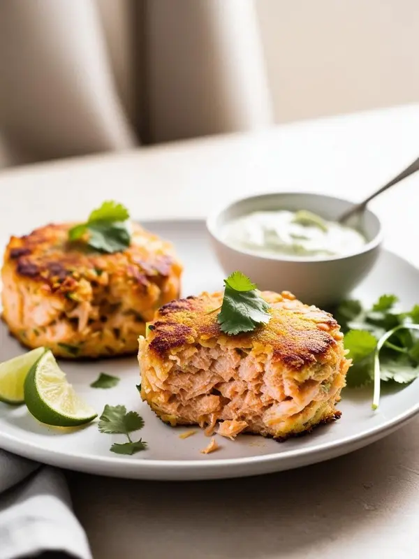 a close-up shot of two golden-brown salmon cakes on a white plate, one partially cut open to reveal the pink salmon inside. they are garnished with fresh cilantro leaves and served with lime wedges and a small bowl of creamy green sauce. the dish appears fresh and flavorful