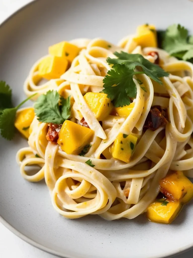 a close-up shot of linguine pasta with mango and sun-dried tomatoes on a gray plate. the long, flat pasta is mixed with chunks of bright yellow mango and pieces of sun-dried tomatoes, garnished with fresh cilantro leaves. the colorful and flavorful pasta dish sits on a light gray surface
