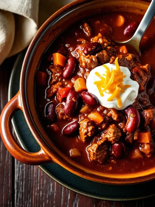 a close-up shot of a dark brown bowl filled with chili con carne. the chili includes ground meat, red kidney beans, diced carrots, and is topped with a dollop of sour cream and shredded cheese. a silver spoon is partially visible, and a tan cloth is draped in the background
