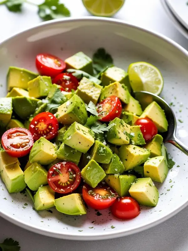 a refreshing avocado salad fills a white bowl, showcasing diced creamy green avocado and halved bright red cherry tomatoes, tossed with fresh cilantro and a squeeze of lime. a serving spoon rests in the salad, ready to enjoy this simple and healthy dish