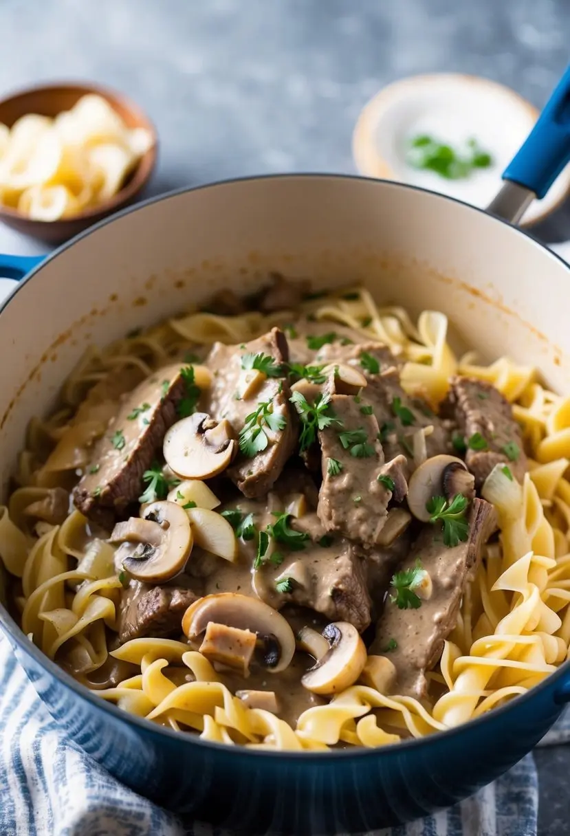 a close-up shot of beef stroganoff in a blue pot. slices of beef and mushrooms are arranged over egg noodles in a creamy sauce, garnished with fresh parsley. a bowl of sour cream and a bowl of noodles are visible in the background, suggesting a hearty and flavorful meal