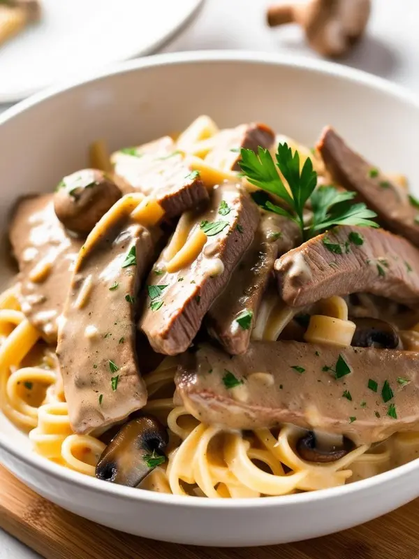 a close-up shot of beef stroganoff in a white bowl. tender slices of beef are arranged over egg noodles and mushrooms, covered in a creamy sauce. a sprig of parsley garnishes the dish. the hearty meal is presented on a wooden surface