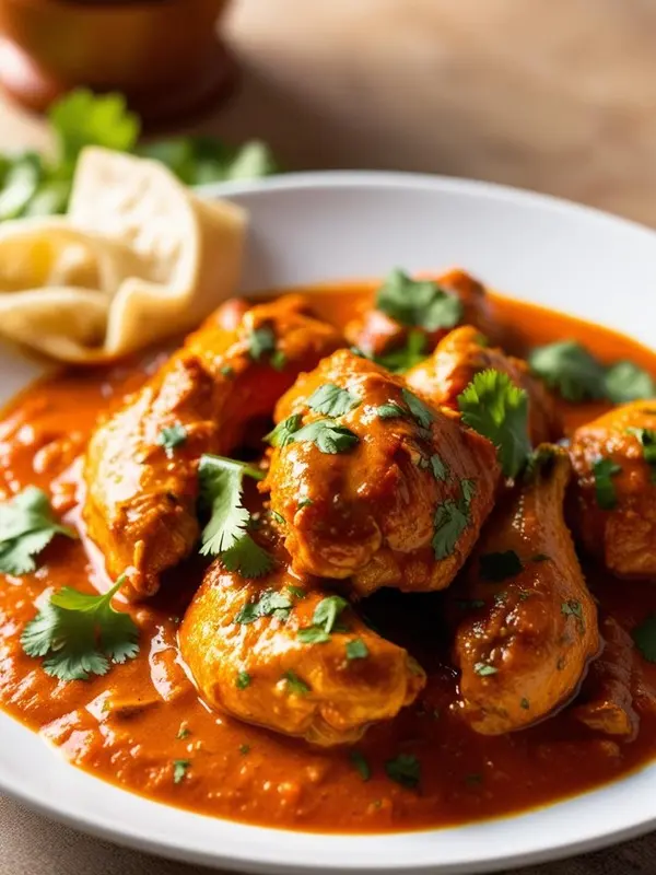 a white plate holds pieces of tender chicken coated in a rich, reddish-orange curry sauce, generously garnished with fresh green cilantro leaves. a side of papadum sits on the edge of the plate, suggesting an indian-inspired dish. the focus is on the flavorful and aromatic appearance of the curry