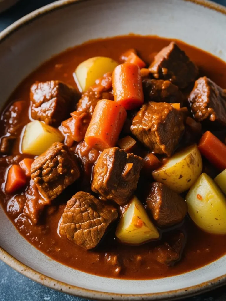 a close-up shot of a hearty irish stew in a beige bowl. tender chunks of beef are simmered with sliced carrots and potatoes in a rich, dark brown broth. the stew is rustic and flavorful, suggesting a comforting and traditional meal