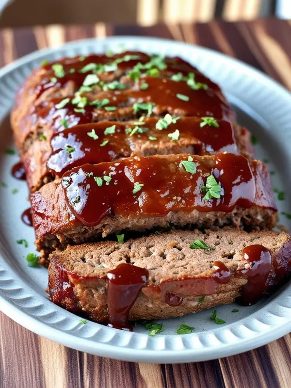 a sliced meatloaf, generously glazed with a rich, dark red sauce, rests on a light gray oval platter. fresh green parsley is sprinkled over the top, adding a touch of color. the meatloaf appears moist and savory, ready to be served